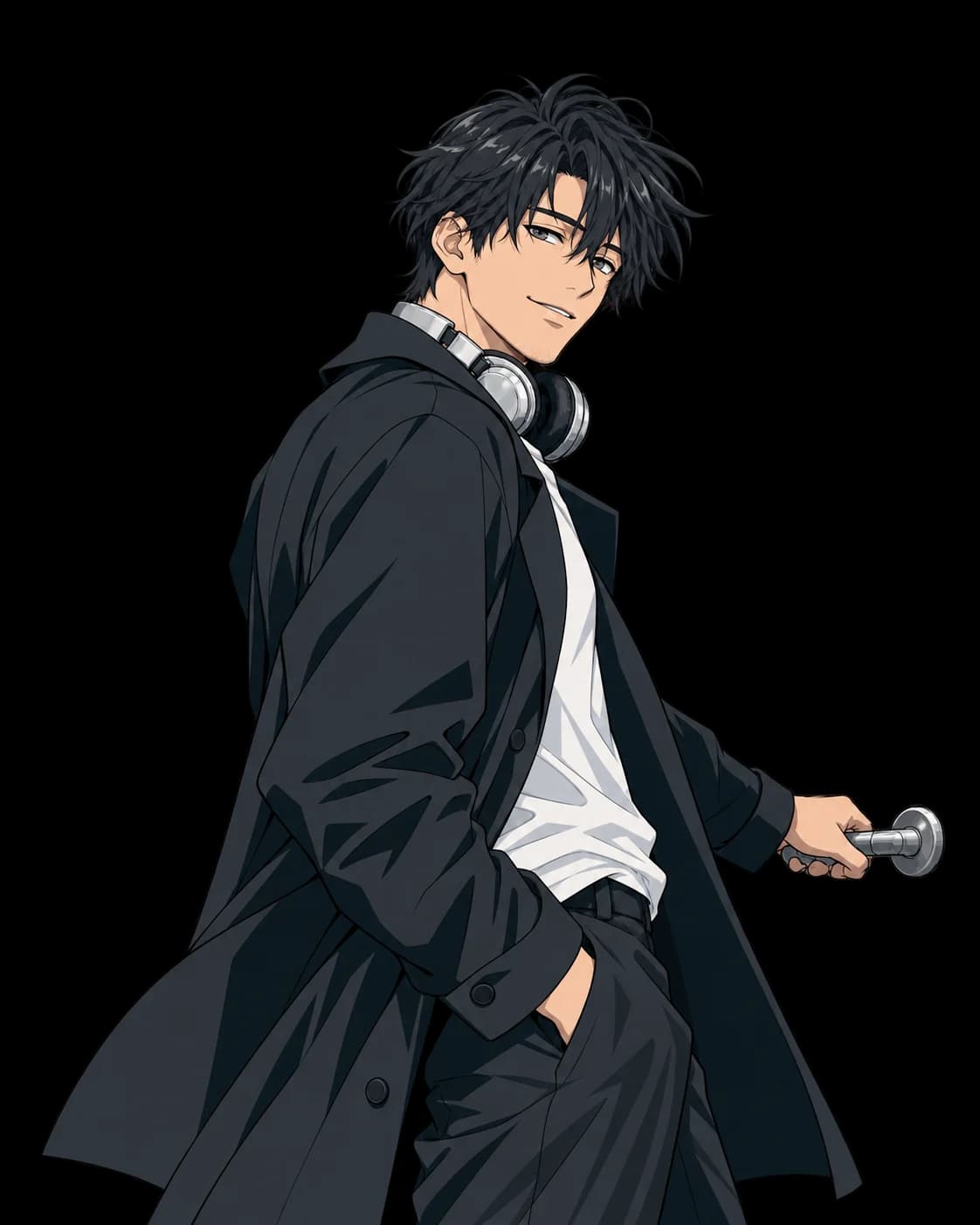 Rin holds the rooftop door open above a quiet city at dusk, glancing back at you.